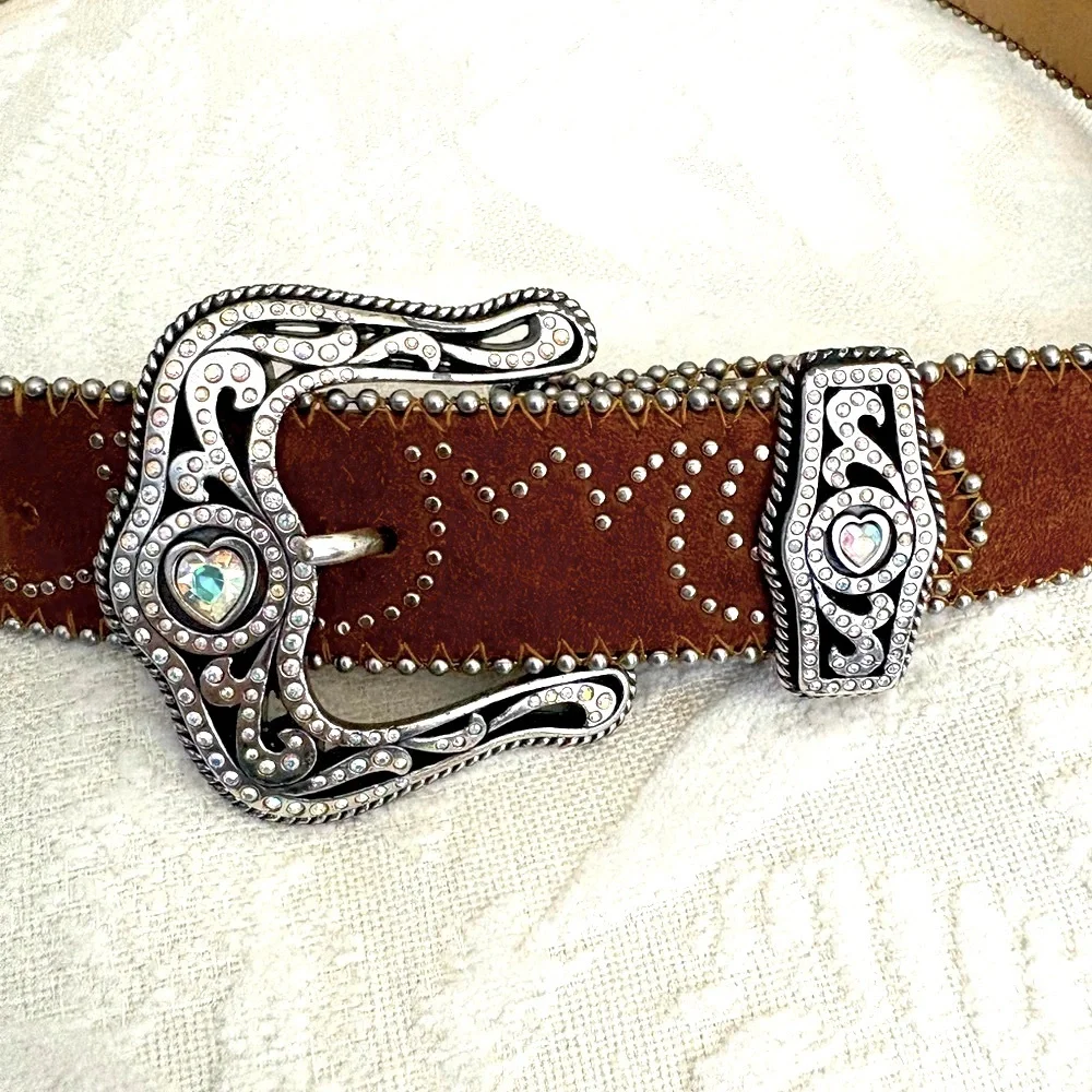 Tony Lama Brown Suede Belt 34 Crystal Heart Buckle Studded Western Cowgirl Y2K